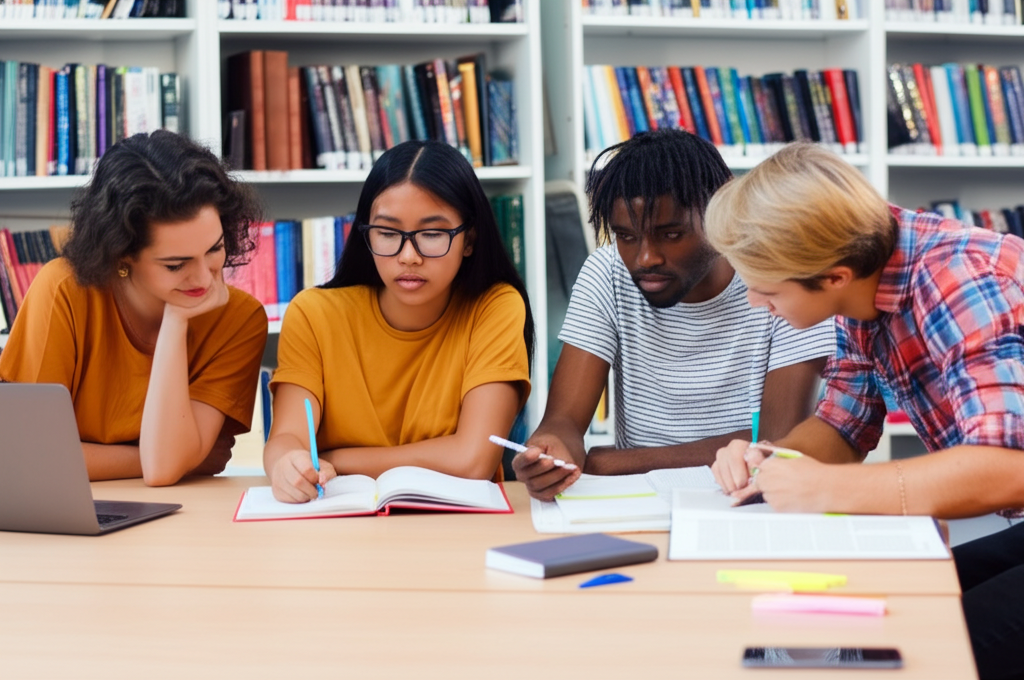 Students collaborating in university library